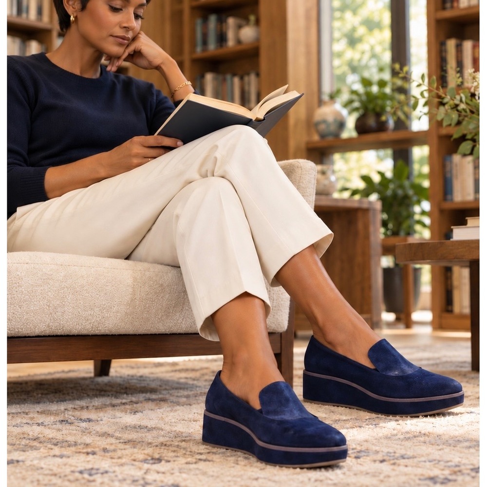Antelope Navy Blue Suede Platform Loafers Pointed Toe Metallic Trim EU 39 385